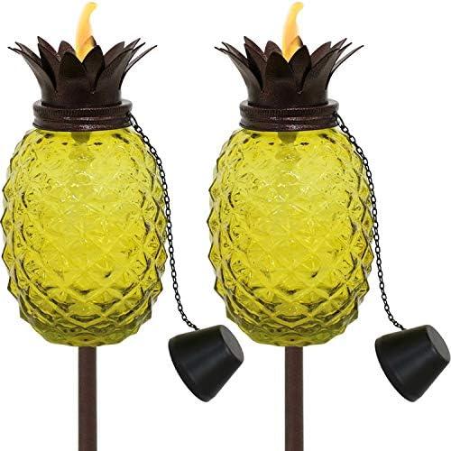 Sunnydaze Tropical Pineapple Glass Patio Torches Set of 2 - 23 to 63-Inch Outdoor Lawn Torch, Garden, Deck & Backyard - Yellow