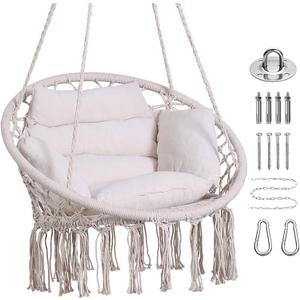 Goutime Hammock Chair, Macrame Hanging Swing Chairs with Cushion and Hardware Kit,Adult Boho Swings for Outside,Patio,Balcony,Bedroom (Beige)
