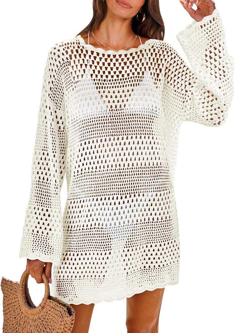 ANRABESS Women Swimsuit Crochet Swim Cover Up 2025 Summer Bathing Suit Swimwear Mesh Knit Beach Dress Vacation Outfits (S, Cream White)