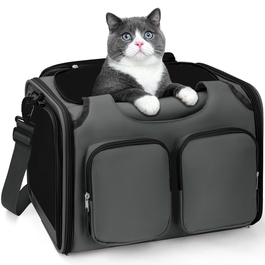 Dog, Cat Carrier for Pets Up to 12 Lbs, Airline Approved Collapsible Soft-Sided Pet Travel Bag with Locking Zippers, Breathable Mesh and 4 Large Pockets, Removable Fleece Pad (Dark Grey)