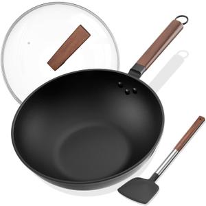 Carbon Steel Wok - Including Glass Cover and Silicone Spatula, 13-Inch Woks & Stir-Fry Pans for Induction, Electric, Gas Stoves