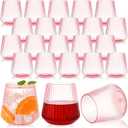 Suclain 50 Pcs Plastic Wine Glasses Pink Ribbed Stemless Wine 14oz Vertical Design Unbreakable Cups for Outdoor Indoor Vintage Elegant Champagne Whiskey Glasses for Christmas Party Wedding