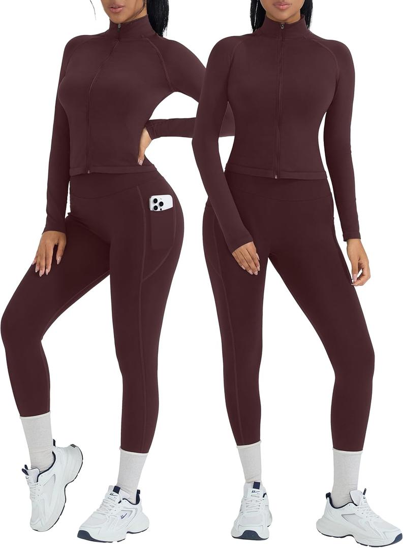 OMKAGI Workout Sets for Women Booty Leggings Matching Zipup Jacket Gym Outfits with Pockets, XL