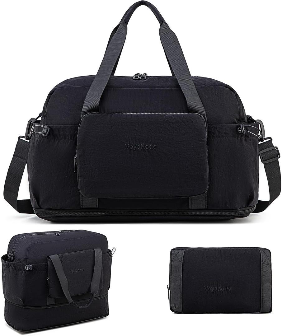 Foldable & Expandable Personal Item Travel Bag for Women & MenWaterproof with Wet-Dry Compartment & Luggage Sleeve, Convertible Crossbody Tote Ideal for Gym & 3-Day Trips (Black)