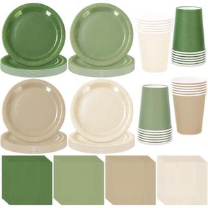 Whaline 244Pcs Nude Sage Green Tableware Set Serves 48 4 Colors Disposable Dinnerware 48 9" Plates 48 7" Plate 48 9oz Cups 100 Napkins for Wedding Birthday Party Supplies