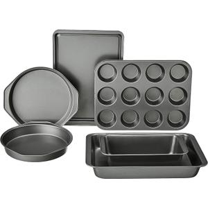 Amazon Basics 6 Piece Nonstick, Carbon Steel Oven Safe Bakeware Set with Cake, Muffin, Cookie, and Loaf Pans, 6 Piece, 16.25 x 11.75 x 6.25 inches