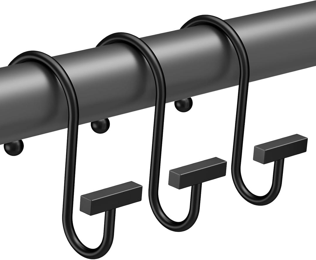 Black Shower Curtain Hooks, Chrome Shower Curtain Rings Rust Proof, 12PCS Shower Hooks for Shower Curtain, T-Bar Design Convenient Elegant Shower Curtain Hangers for Bathroom Kitchen Wardrobe
