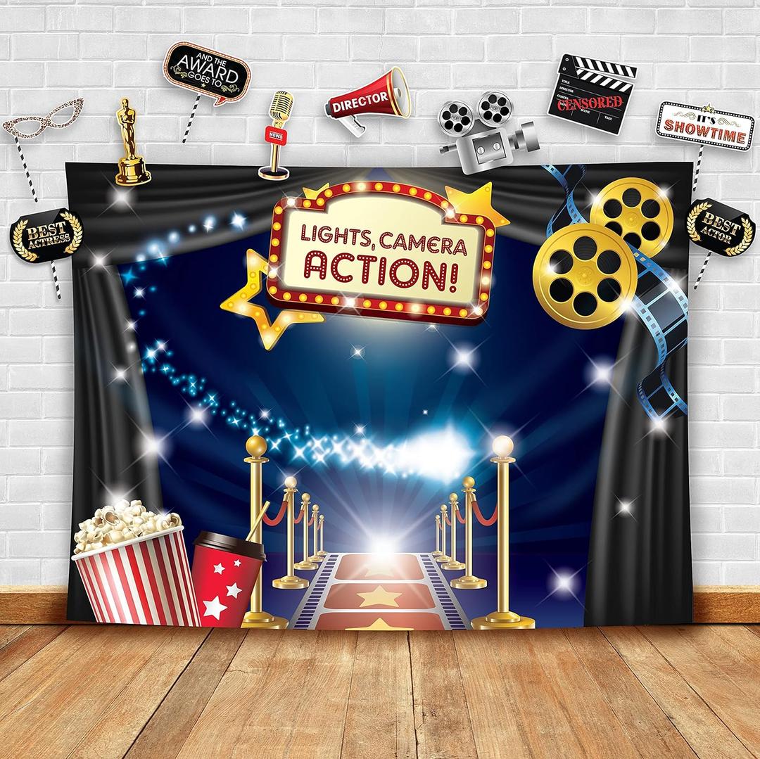 Hollywood - Movie Theme Photography Backdrop and Studio Props DIY Kit. Great as Dress-up and Awards Night Ceremony Photo Booth Background, Vintage Costume Birthday Party Supplies and Event Decorations