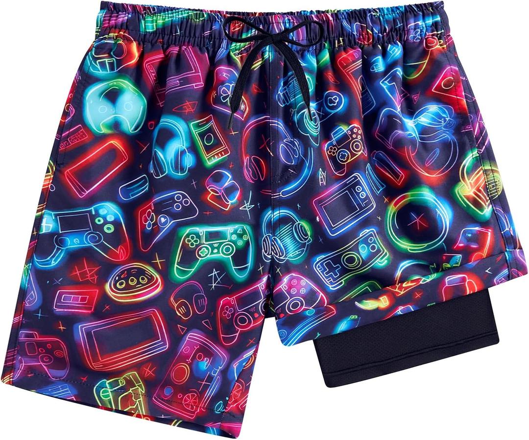 Lovekider 5-16 Years Boys Swim Trunks with Compression Liner Waterproof Quick Dry Swimwear Bathing Suits (10-13 Years, Green)