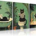 Cat Bathroom Wall Art Funny Canvas Wall Decor Black Cat Pictures Cute Prints Whimsical Bathroom Poster Quirky Animal Art Green Vintage Painting Artwork Cute Posters Toilet 12x16x3 Inch Ready to Hang