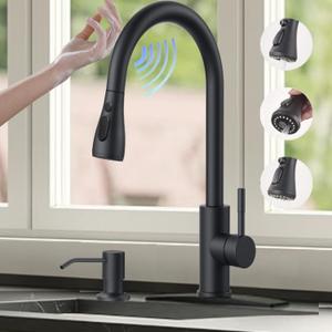 Smart Touch On Kitchen Faucet, 3 Modes Pull Down Sprayer, Sensor Activated, Ceramic Disc Valve, 360-Degree Rotation, 1 or 3 Hole Deck Plate. (KW-69R, Matt Black)
