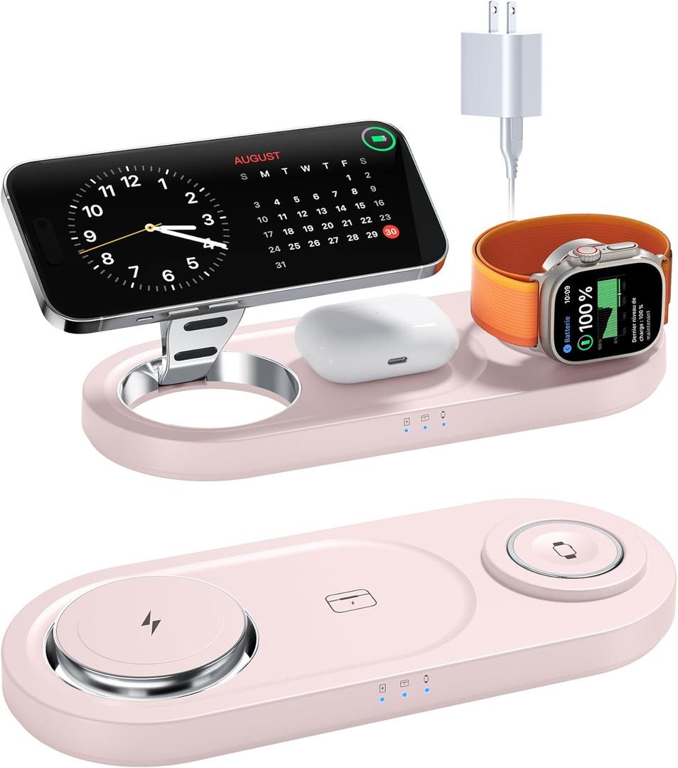 Upgraded 3 in 1 Wireless Charging Station for Apple Devices, Faster Mag-Safe Charger Stand, Magnetic Charger Station for iPhone 17/16/15/14/13/12 Series & AirPods Pro & Apple Watch Series Pink
