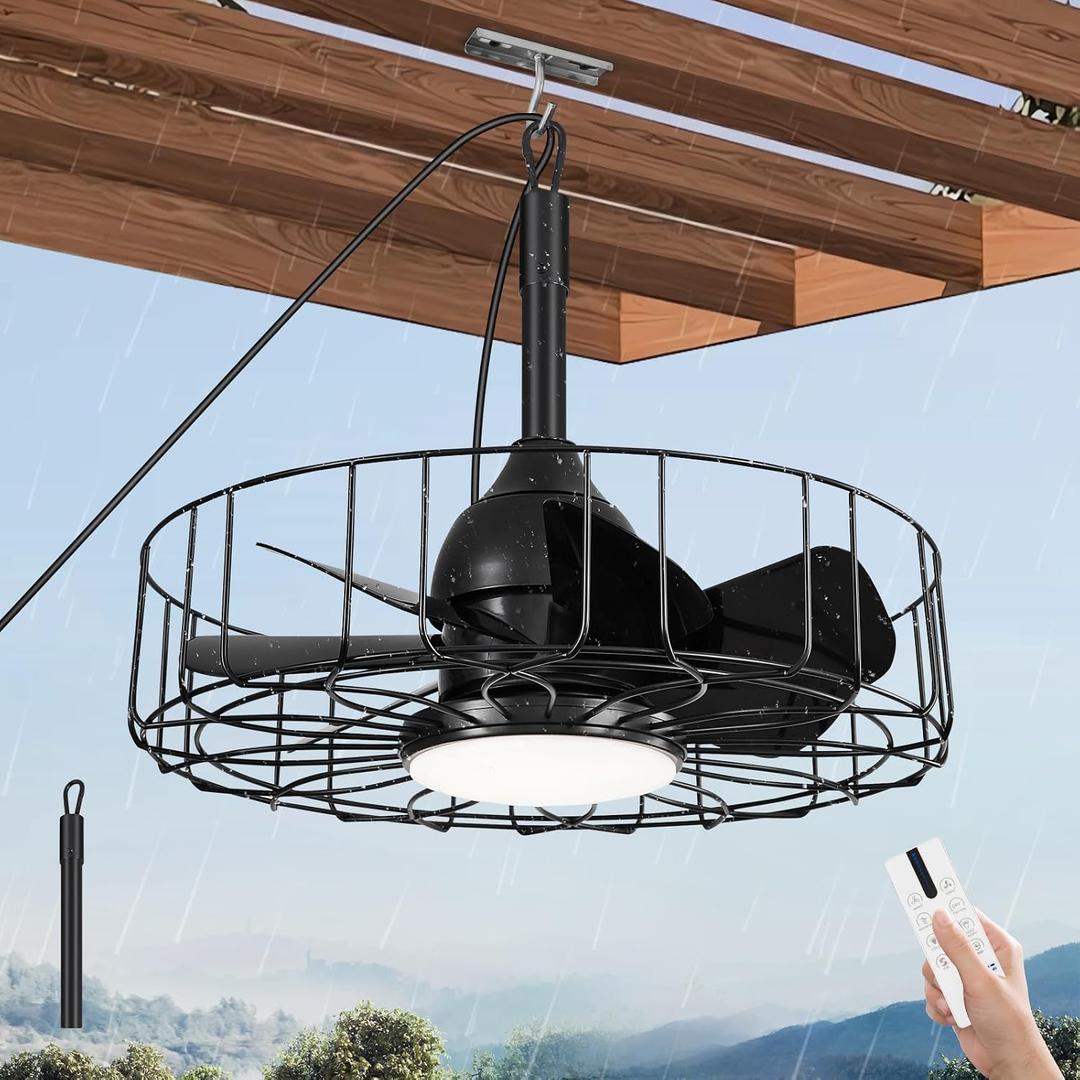 Vitnucrol Outdoor Caged Ceiling Fan with Light, 18'' Waterproof Plug in Gazebo Fan with 3 Color Dimmable LED Light and Remote,10-Speed Hanging Fan for Patios, Porch, Pergola, Outside, Large