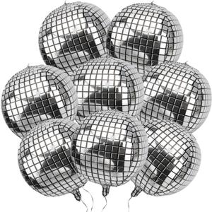 GOER Big Silver Disco Ball Balloons - Pack of 8, Disco Party Decorations | 4D Sphere Balloons for Bachelorette Party | New Year Eve Graduation Decorations