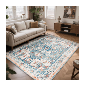 Boho Area Rugs 5x7 Washable Non-Slip, 5 by 7 Low-Pile Retro Vintage Oriental Inspired Persian Style Bohemian Rug with Rubber Backing,Blue Carpet for Living Room,Bedroom,Dining Room Under Table,Office