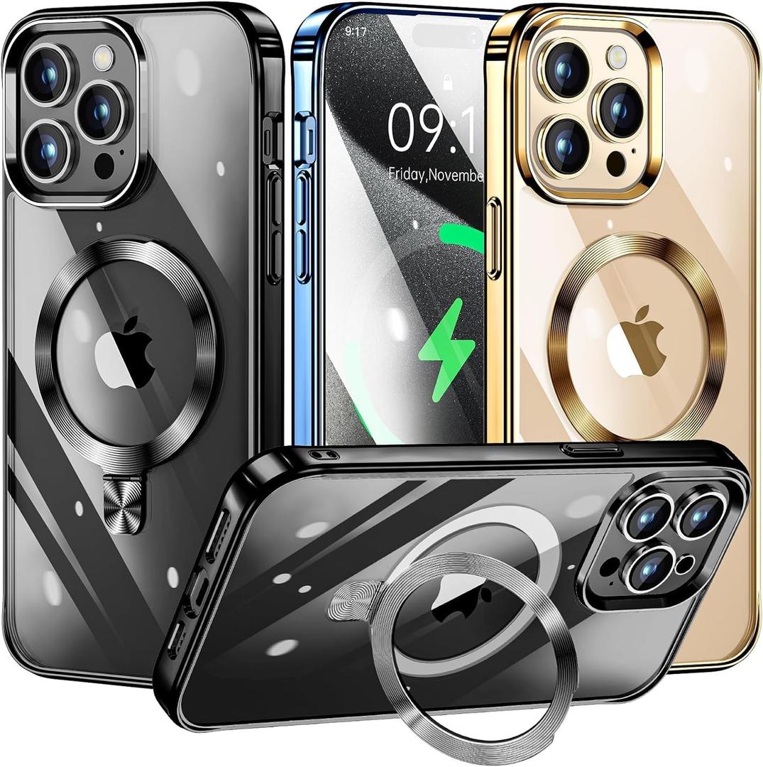 [CD Ring Compatible with MagSafe Invisible Stand] Magnetic for iPhone 13 Pro Case, [Electroplated Bumper Non-Yellowing][Look as Bare iPhone] Slim Clear Case with Holder for Women Men Girls (Black)
