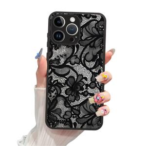 Magnetic Phone case for iPhone 13 Pro 6.1 Inch, Grade Protection & Wireless Charging - Aesthetic Lace Flower Pattern Phone Cover for Girls Women -Black Vintage Lace