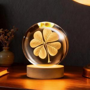 3D Four-Leaf Clover Crystal Ball, St Patricks Day Decorations Lights, Good Luck Easter Gifts Glass Sphere, Cute Lovely Sculpture Home Decor Crafts for Women Girls Friends