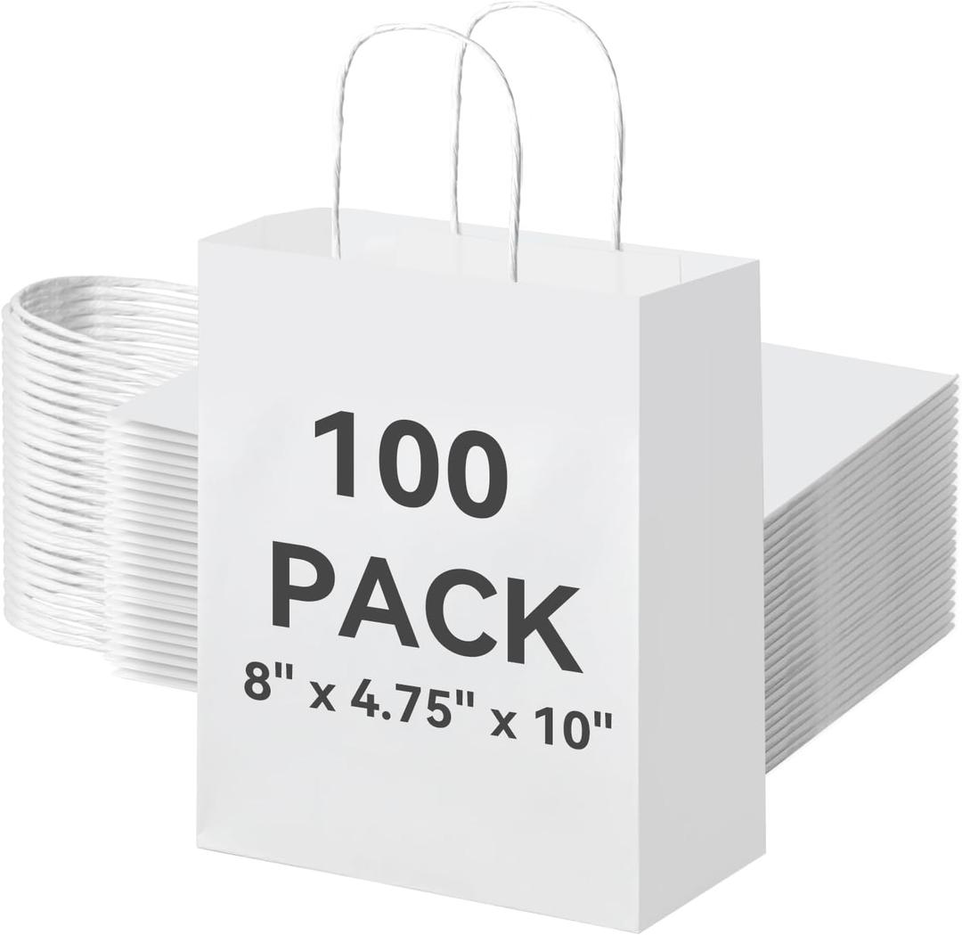 Brothersbox 100Pcs White Paper Gift Bags Medium Size 8x4.75x10 inch, Kraft Paper Bags with Handles Bulk for Shopping, Craft, Business, Retail, Party Favor, Takeout, Goodie, Grocery