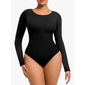 FeelinGirl Tummy Control Bodysuit for Women Long Sleeve Shapewear Thong Body Suit M/L
