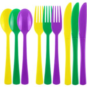 Kochorie 300 Pieces Mardi Gras Plastic Silverware, Disposable Plastic Masquerade Utensils Heavy Duty Cutlery Set Include Spoons Forks Knives for Carnival Birthday Mardi Gras Party, Purple Yellow Green