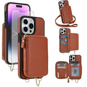 Phone Case for iPhone 14 Pro Wallet Zipper Handbag Cover Screen Protector Crossbody Lanyard Strap 2-in-1 Detachable Compatible with MagSafe RFID Blocking iPhone14Pro iPhone14 14Pro Women Brown