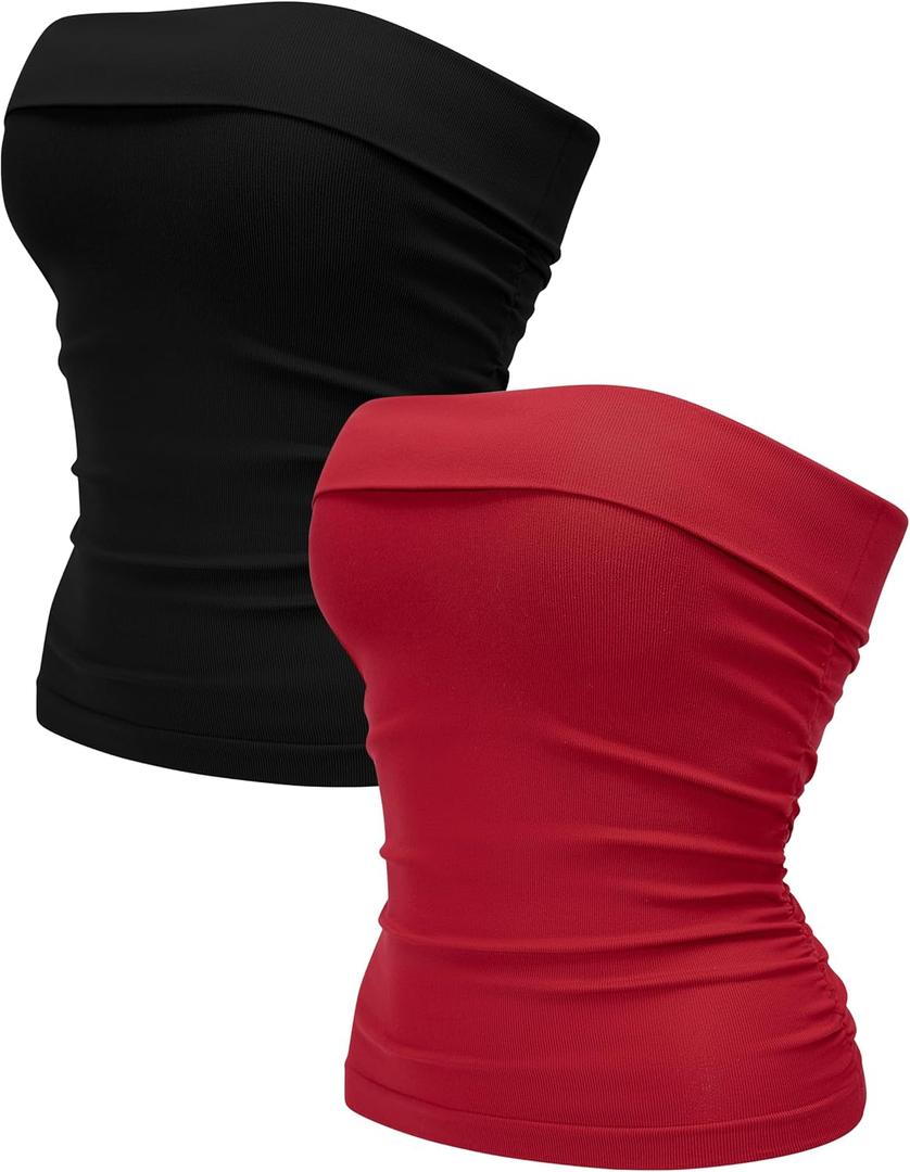 OLCHEE Womens 2PK Tube Tops Off Shoulder Seamless Ribbed Strapless Sleeveless Side Ruched Slim Fitted Summer Going Out Top (Small, Black + Red)