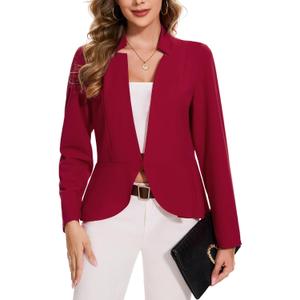 MINTLIMIT Women's Ruffle Hem Blazer Long Sleeve Hook Open Front Notched Collar Peplum Blazers Business Office Suit Jacket (Medium, Red)