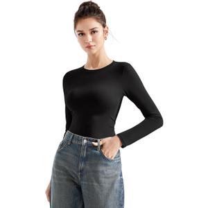 SUUKSESS Women Crew Neck Fitted T Shirts Cotton Jersey Basic Long Sleeve Tops (Black)
