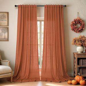 DANCURTON Burnt Orange Sheer Curtains 96 Inches Long for Living Room 2 Panels Back Tab Bohemian Drapes Autumn Home Decor Linen Rustic Farmhouse Fall Light Curtains for Bedroom Patio Sliding Glass Door