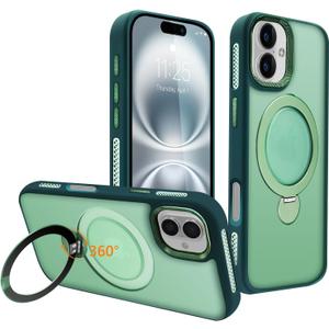 for iPhone 16 Plus Case with 360 Spin Magnetic Stand Compatible with MagSafe [Built-in Invisible Bracket][with Honeycomb Cooling Holes] Good Heat DissipationMetal Lens FrameGreen