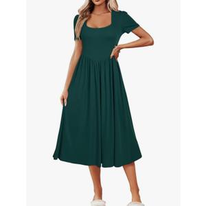 Newshows Women's Summer Square Neck Ribbed Knit Short/Long Sleeve A Line Flowy Midi Dress with Pockets, Size: S