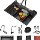 Kitchen sink Flying rain waterfall single sink dishwashing sink with pull-out tap, pressurised cup washer, chopping board, draining basket and other accessories workstation kitchen sink (33.5 * 17.7 * 8.3 inch, Gun grey)