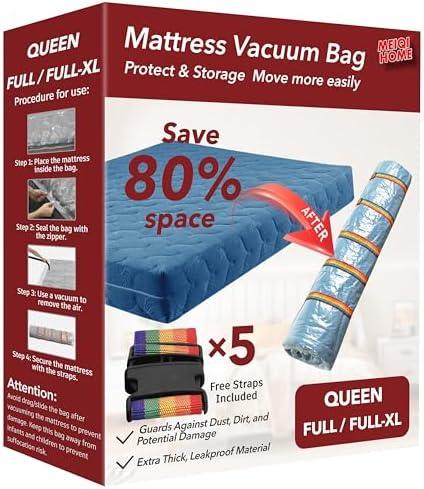 Queen/Full/Full-XL Mattress Vacuum Bag for Moving and Storage, Vacuum Seal Compression Bag for Queen and Full Size Mattresses, Heavy Duty Mattress Bag for Storage, with Sealing Clip and 5 Straps