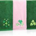 3 Pcs St. Patrick's Day Hand Towels Set 100% Cotton Embroidered Decorative Irish Shamrock Bathroom Towels Pink Green Clover Absorbent Guest Bath Towel for Drying Cleaning Cooking, 29.5" x 13.8"