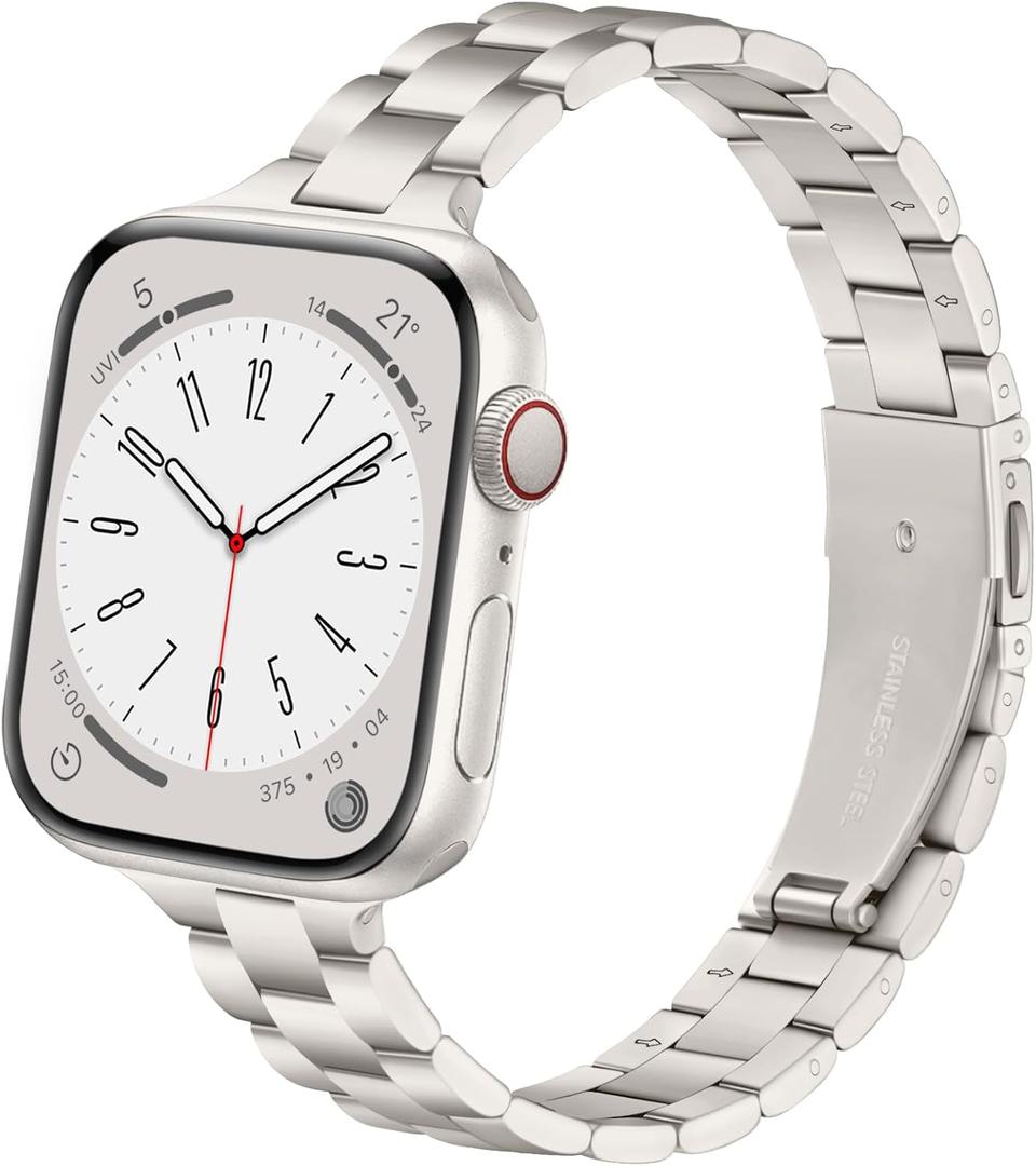 Thin Stainless Steel Bands Compatible With Apple Watch 38mm 40mm 41mm 42mm 44mm 45mm 46mm For Women, Metal Straps for iWatch Series 11 10 9 8 7 6 5 4 3 2 1 SE (Light Starlight)
