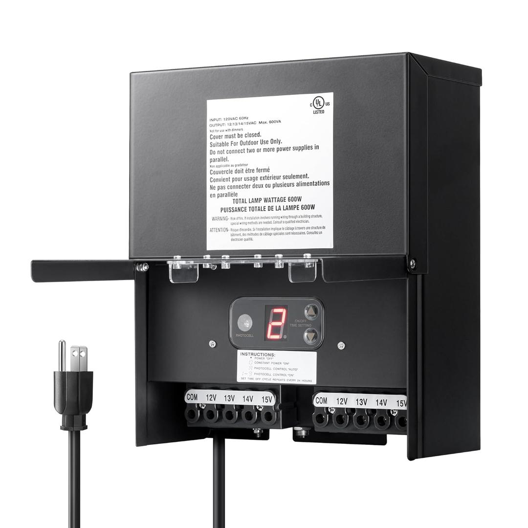 DEWENWILS 600W Low Voltage Landscape Transformer, Outdoor Weatherproof Transformer with Timer and Photocell Sensor, 120V AC to 12V/13V/14V/15V AC for LED Lighting, Walkway Light, cULus Listed