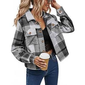 NILOINE Womens Flannels Cropped Shacket Plaid Jacket, Medium