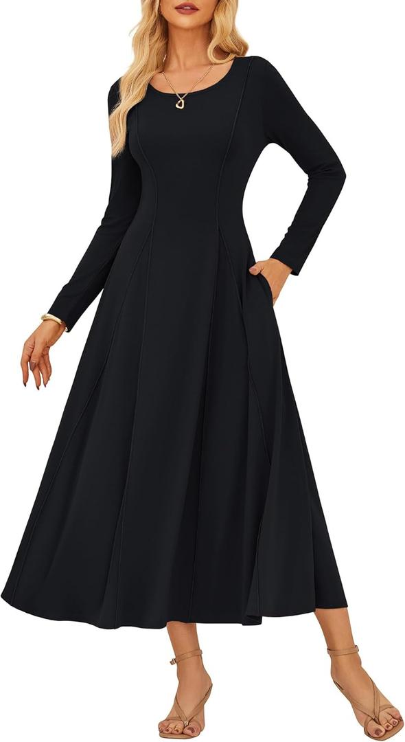 GRACE KARIN Women's 2025 Fall Dresses, Long Sleeve A Line Flared Midi Dresses, Wedding Guest Casual Dress with Pockets (Medium)