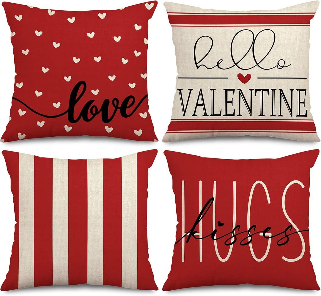 AnyDesign Valentine's Day Pillow Covers Red White Sweet Love Throw Pillow Case 16 x 16 inch Hearts Stripes Love Cushion Cover for Home Couch Sofa Wedding Anniversary Decoration, Set of 4