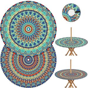 2pc Bohemian Round Outdoor Tablecloth with Umbrella Hole, Retro Fitted Table Cover with Zipper, Waterproof Windproof Umbrella Table Cloth with Elastic(45''-54'')