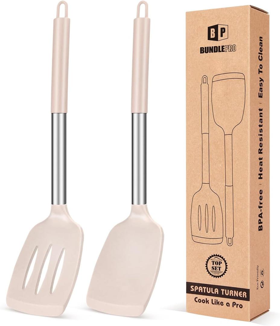 Pack of 2 Silicone Solid Turner, Non Stick Slotted Kitchen Spatulas, High Heat Resistant BPA Free Cooking Utensils, Ideal Cookware for Fish, Eggs, Pancakes (Stainless Steel Khaki)