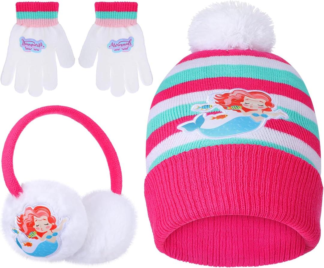 Cutecrop 3 Pcs Kids' Winter Hat Earmuffs and Kids Gloves Set, Winter Soft Plush Beanie Gloves Ear Warmer for Age 4-7