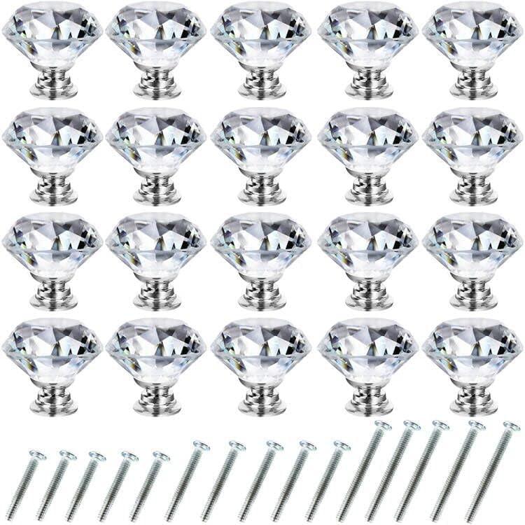 NORTHERN BROTHERS Dresser Knobs Crystal Drawer Knobs 30mm- Diamond Shaped Knobs Pull for Cabinets and Drawers Crystal Knob for Dresser Drawers and Kitchen 20 Pack (Silver)