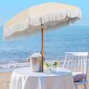 AreShark 7ft Patio Umbrella with Fringe, UPF50+ Beach Umbrella for Table, Pool & Garden, Portable Outdoor Tassels Umbrella w/Fiberglass Ribs&Push Bottom Tilt(Ivory)