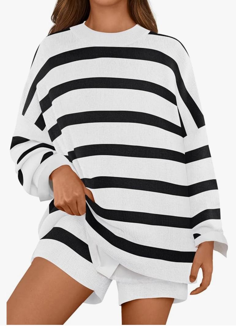MEROKEETY Women's 2 Piece Sweater Lounge Sets Striped Long Sleeve Shorts Oversized Matching Outfits, Small