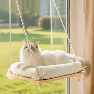 Cat Window Perch, Rustic Cat Hammock Bed with Solid Wood Seat 4 Heavy Duty Suction Cups, Plush Cushion, Indoor Pet Window Hammock for Cats for Large Cats (Medium)