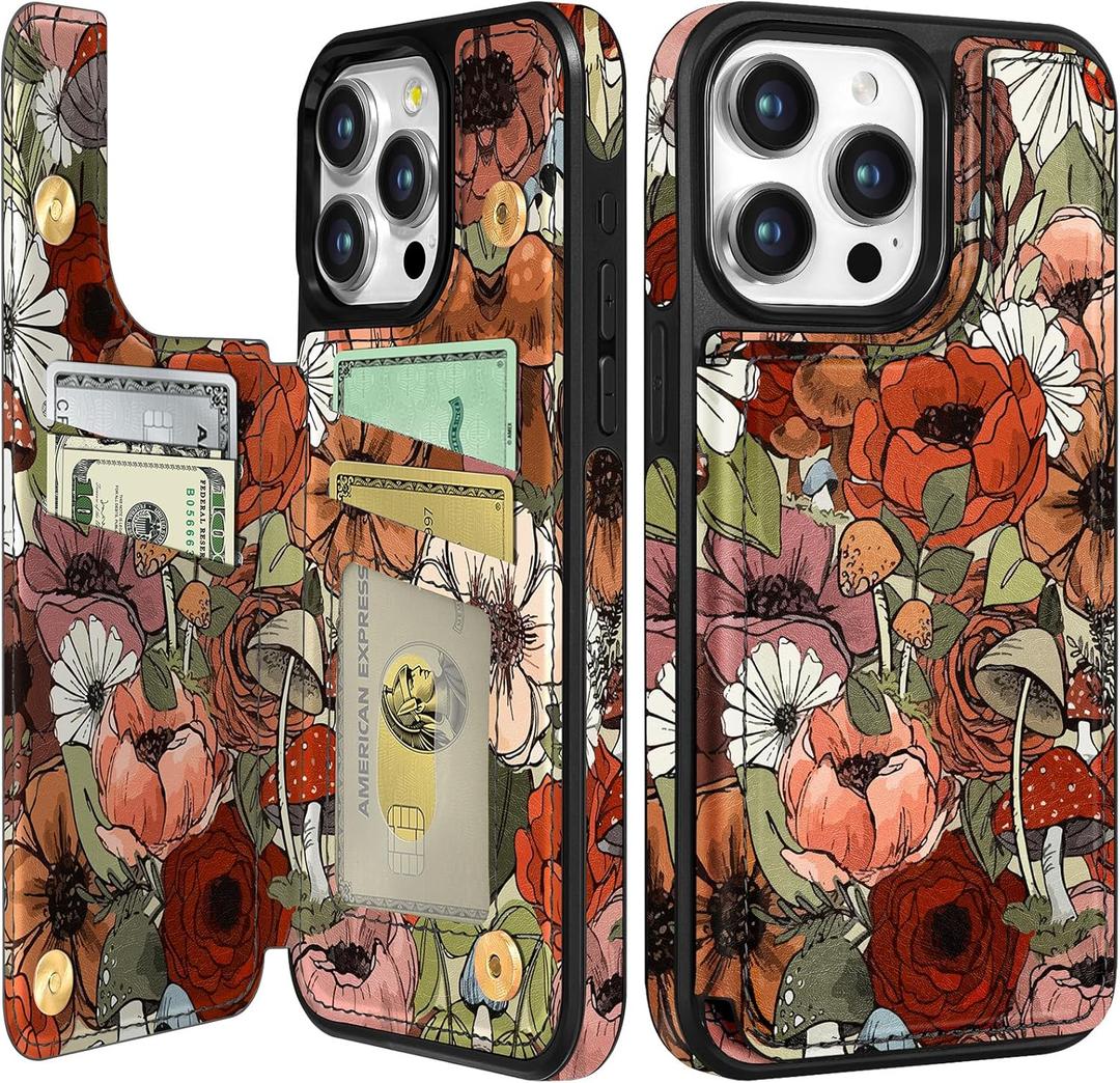 for iPhone 15 Pro Max Wallet Case with Card Holder, Designer Mushroom Flower Pattern Kickstand Magnetic Clasp Back Flip Folio Leather Phone Cases for iPhone 15 Promax for Women Men Girls