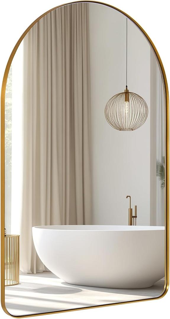 ANDY STAR Arched Mirror, 24 x 36 Inch Gold Wall Mirror in Stainless Steel Metal Frame, Arch Top Rounded Corner 1 Inch Deep Set Design Wall Mount Hangs Vertical