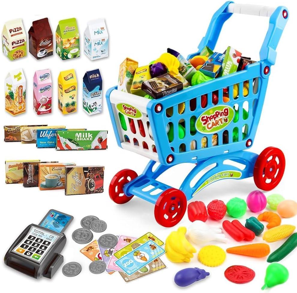 deAO Kids Shopping Cart Trolley for Groceries Toddlers 65 Food Fruit Vegetables Pretend Play Food Role Play Educational Toy Play Kitchen Toys Store Playset (Blue)